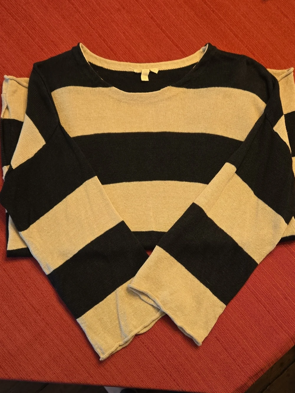 Eileen Fisher Black and Tan Striped Crewneck Linen Sweater, Size L